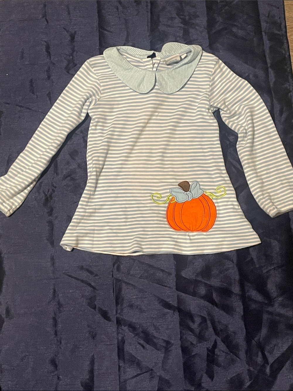 Girls' size 6 years boutique blouse Light Blue Striped Top with Pumpkin Applique